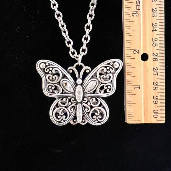Opera Necklace Silver Tone Chain Butterfly Pendant 28 in - Picture 5 of 5